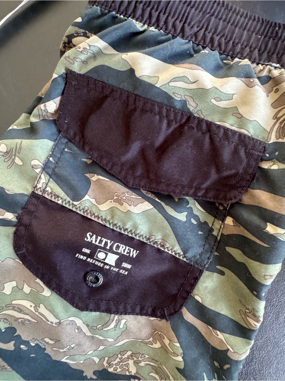 Salty Crew Green and Black Camo Swim Trunks with Logo Pocket